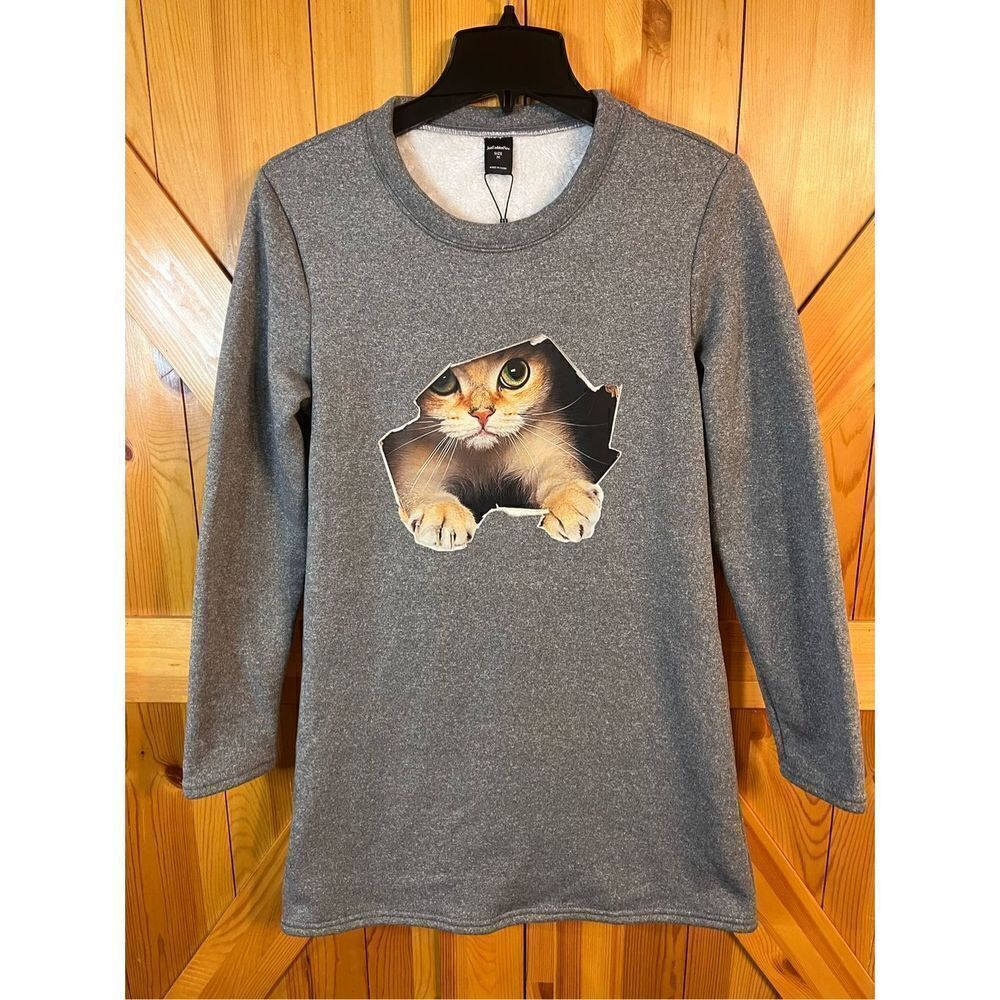 Just Fashion Now gray kitten sweatshirt, fuzzy inside size medium nwt (2341)